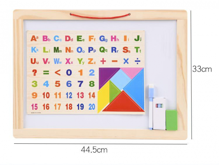 Tabla Magnetica din Lemn 4 in 1 cu Cifre, Litere si Tangram cu Snur de Agatat [2]