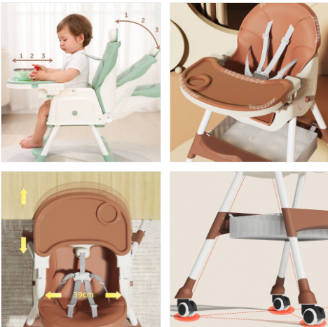 Scaun de masa 2in1 bebe, reglabil si pliabil, piele PU, roti cu frana, Maro [2]