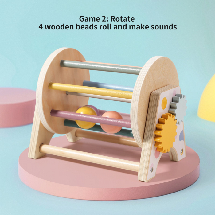 Tambur Rotativ din Lemn cu Bile si Roti Zimtate – Jucarie Senzoriala 3 in 1 Montessori [3]