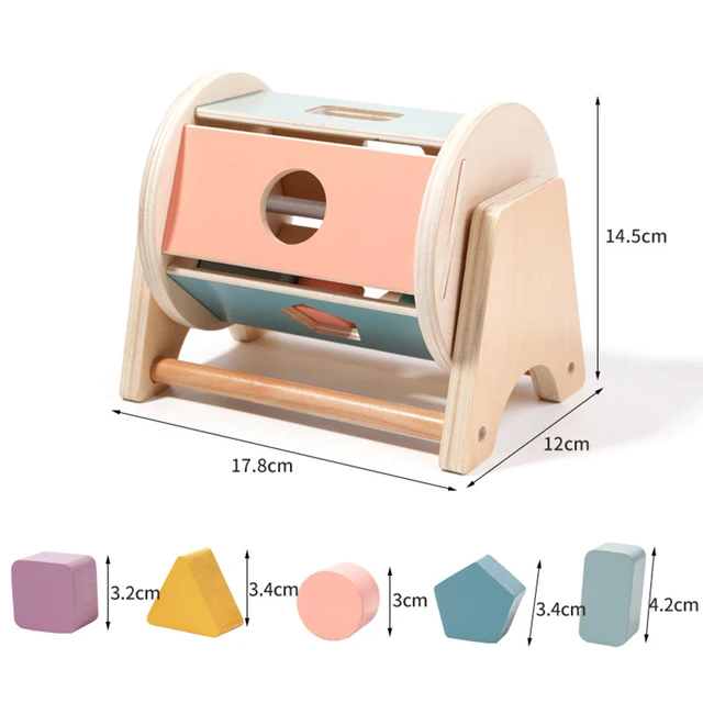 Tambur Rotativ Montessori din Lemn cu Blocuri Geometrice si Sortare a Culorilor [5]