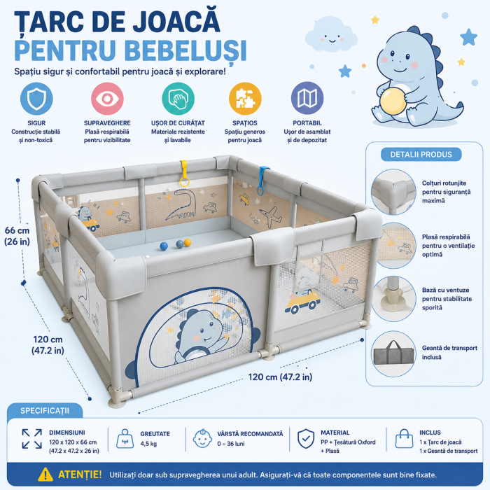 Tarc de Joaca Dinozaur pentru Bebelusi cu Bile Incluse Jumbo 120 x 180 cm [2]