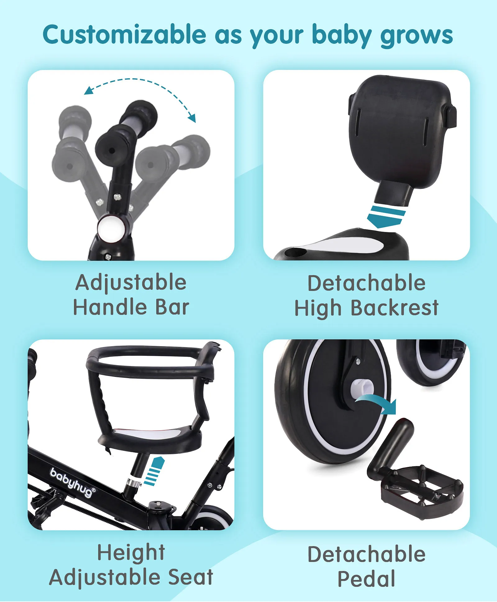 Tricicleta 5 in 1 cu maner de impins – de la triciclete impinsa la bicicleta echilibru Roz [3]