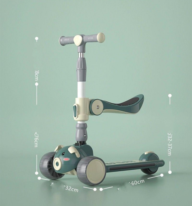 Trotineta Copii 2 in 1 Scooter cu 3 roti Pliabila  Lumini si Sunete Porcusor Verde [2]