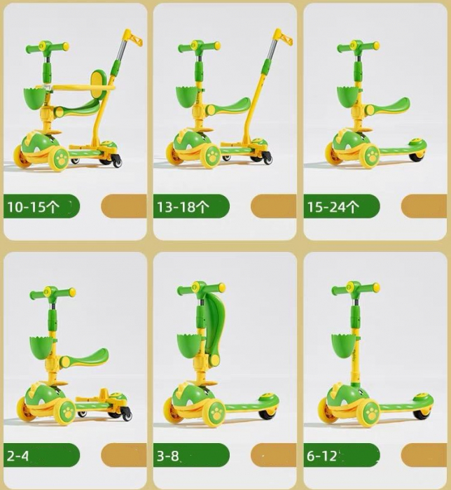 Trotineta Copii 6 in 1 Dinozaur – Tricicleta Multifunctionala Cu Maner Parental Verde [5]