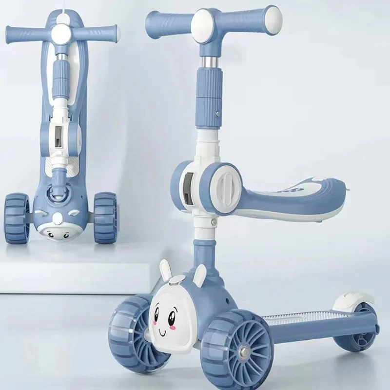 Trotineta Scooter Pliabila 3 in 1 cu Lumina - Trotineta 3 Roti cu Scaunel Albastru [1]
