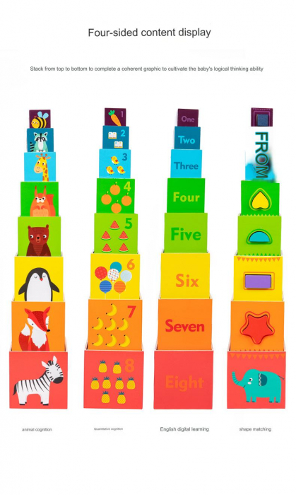 Turn de Stivuire Montessori din Lemn – Cuburi Logice, Cifre si Forme Geometrice [7]