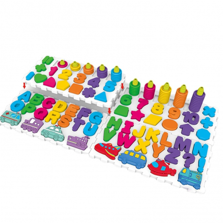 Jocuri educative (3 ani +) - Joc Puzzle 4 in 1 - Tabla Cognitiva Educationala cu Cifre, Litere, Forme Geometrice si Vehicule