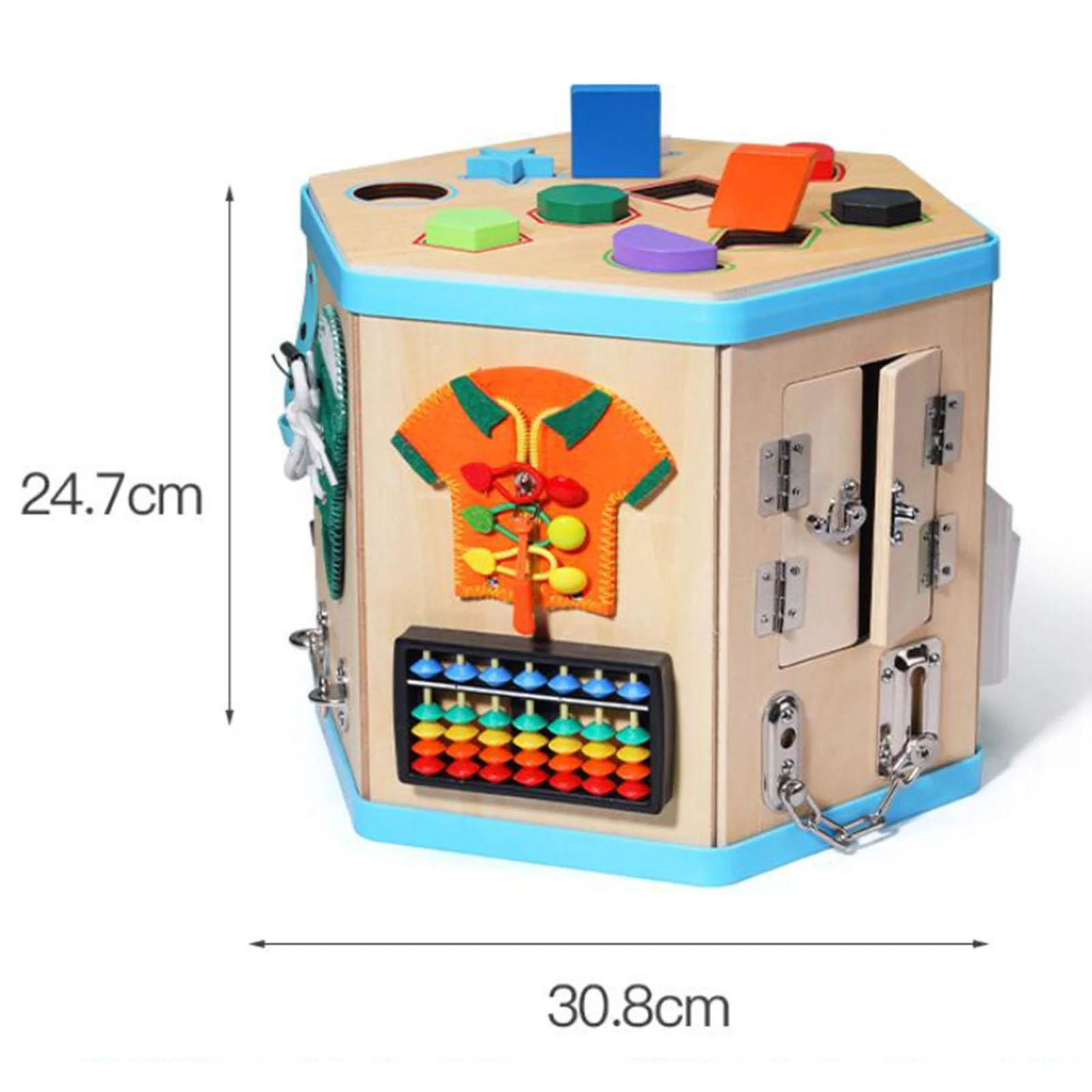 Cuburi din lemn (18 Luni +) - Cub Busy Board din Lemn cu Incuietori Hexagon - Centru de Activitati Montessori Senzoriale