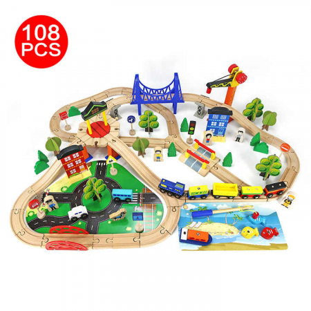 Jucarii din lemn si Montessori - Set de Tren din Lemn pentru Copii - 108 Piese cu Sine, Macara Magnetica si Joc de Pescuit