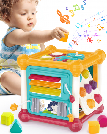 Jocuri educative (3 ani +) - Cub de Activitati 6 in 1 pentru Bebelusi – Jucarie Montessori Educationala cu Muzica si Jocuri