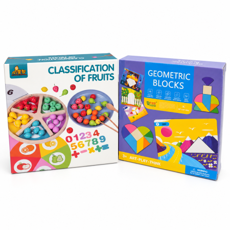 Idei de cadouri - Set cadou Montessori din lemn cu joc de sortare fructe și culori și tangram inimă, pentru copii 3 ani+