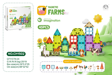 Jucarii - Set Magnetic Farms 45 Piese, Ferma Mare cu Animale si Turnuri