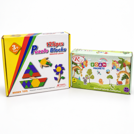 Idei de cadouri - Set cadou Puzzle Blocks din lemn 125 piese și magneți din spumă Lumea Animalelor 64 piese