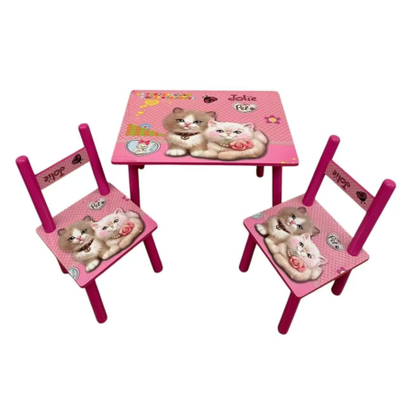 Mobilier si accesorii - Masuta cu Doua Scaune pentru Copii – Set Mobilier Copii Roz cu Pisicute