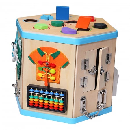 Cub Busy Board din Lemn cu Incuietori Hexagon - Centru de Activitati Montessori Senzoriale [1]