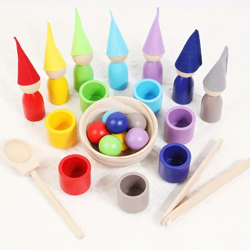 Jucarii din lemn si Montessori - Set Montessori Rainbow din Lemn – Peg Dolls, Cupe si Palarii