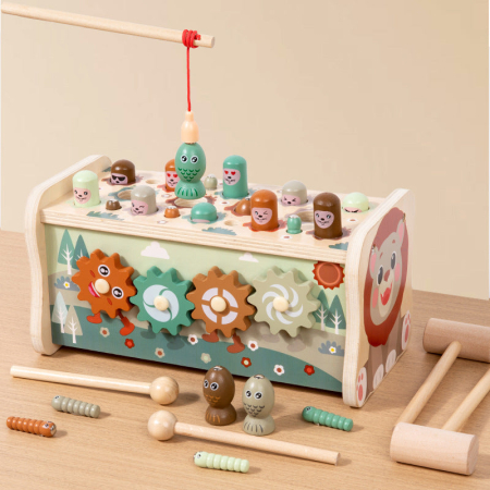 Jucarii din Lemn & Montessori - Centru Activitati Leu 5 in 1 din Lemn, Whack-a-Mole Xilofon Pescuit