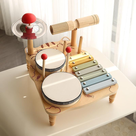 Set Muzical Copii 5 in 1 din Lemn — Tobe Xilofon Chimbal Guiro [3]