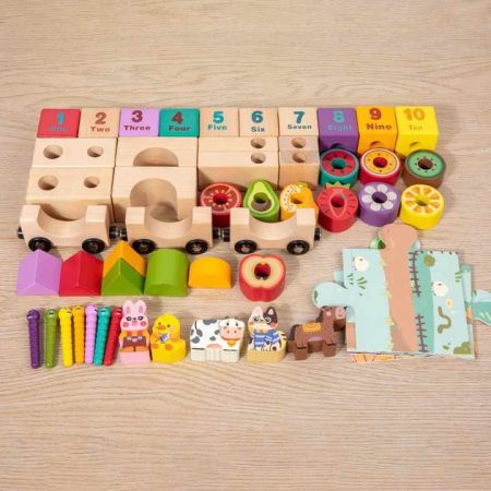 Set Cuburi de Constructie din Lemn cu Trenulet Magnetic – Animale si Fructe [2]