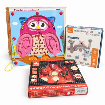 Idei de cadouri - Set cadou din lemn cu labirint magnetic bufniță, blocuri curcubeu cu animale și joc de memorie cu buburuze, pentru copii 3 ani+