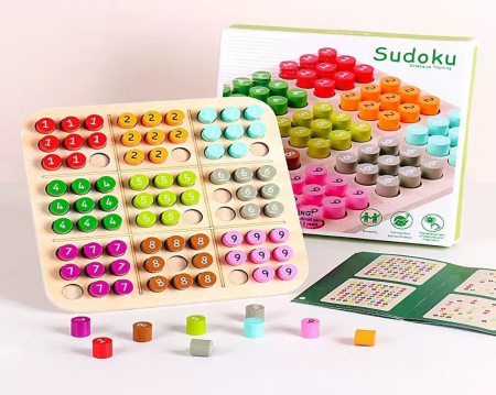 Jucarii din Lemn & Montessori - Joc Sudoku din Lemn 15x15 cm, Puzzle Logic pentru Toate Varstele