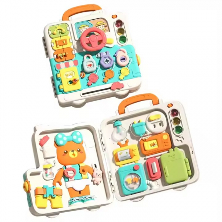 Jucarii din lemn si Montessori - Placa senzoriala Busy Board Ursulet – panou Montessori cu sunete, lumini si jocuri educative