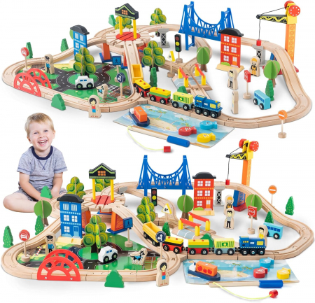 Set de Tren din Lemn pentru Copii - 108 Piese cu Sine, Macara Magnetica si Joc de Pescuit [4]