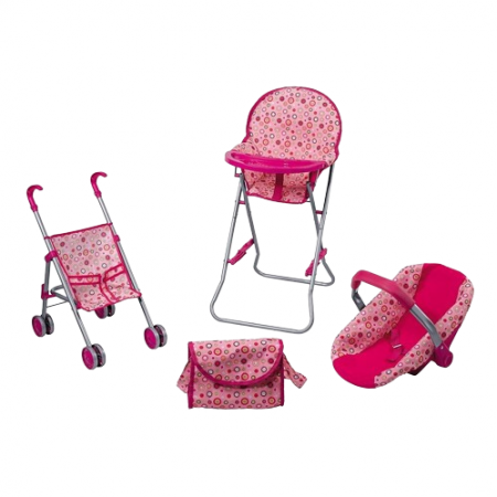 Papusi -Casute- Masute infrumusetare ( 3 ani +) - Setul de Accesorii Esențiale pentru Păpuși: Cărucior, Masă de Mâncat, Coș și Geantă