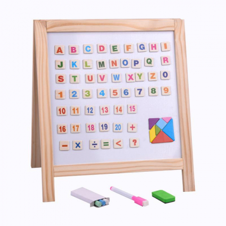 Table educative (3 ani +) - Tabla Educativa cu 2 Fete din Lemn - Litere, Cifre si Tangram Magnetice