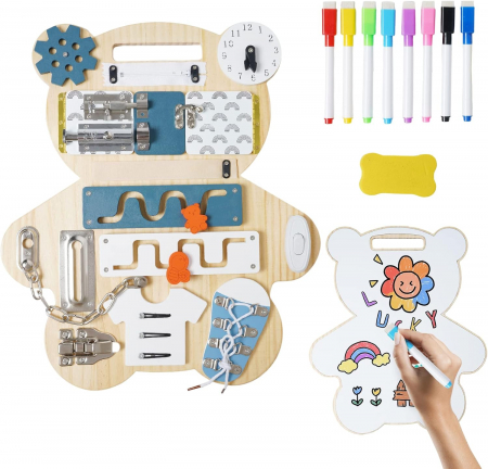 Jocuri educative (3 ani +) - Busy Board Montessori 2 in 1 Ursulet cu Activitati Educationale