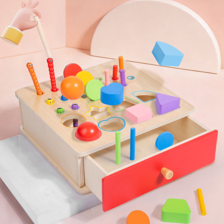Jucarii din Lemn & Montessori - Cutie Activitati Montessori 4 in 1 Lemn, 27 Piese, Sertar