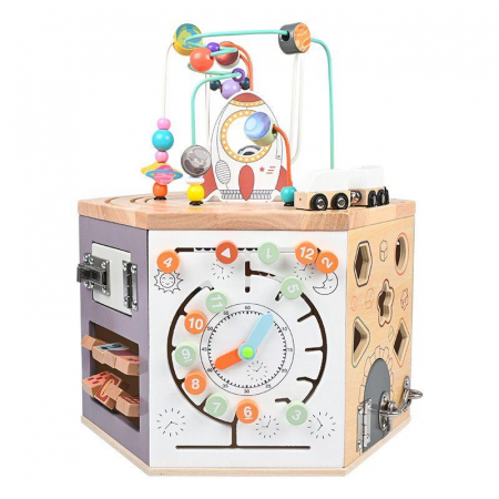 Cuburi din lemn (18 Luni +) - Cub Activitati Educative din Lemn 9 in 1 - Cub Hexagon Multifunctional
