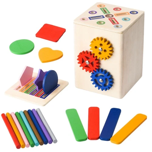 Jucarii din Lemn & Montessori - Cub Senzorial Montessori Lemn 6 in 1, Forme Culori Angrenaje, 2 Ani+