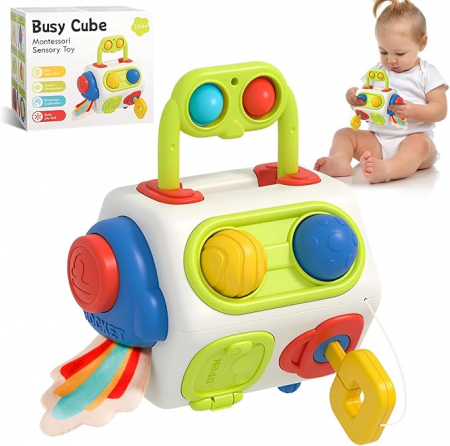 Jucarii - Jucarie Montessori Busy Cube 10 in 1 pentru Bebelusi - Dezvoltare Senzoriala si Motrica