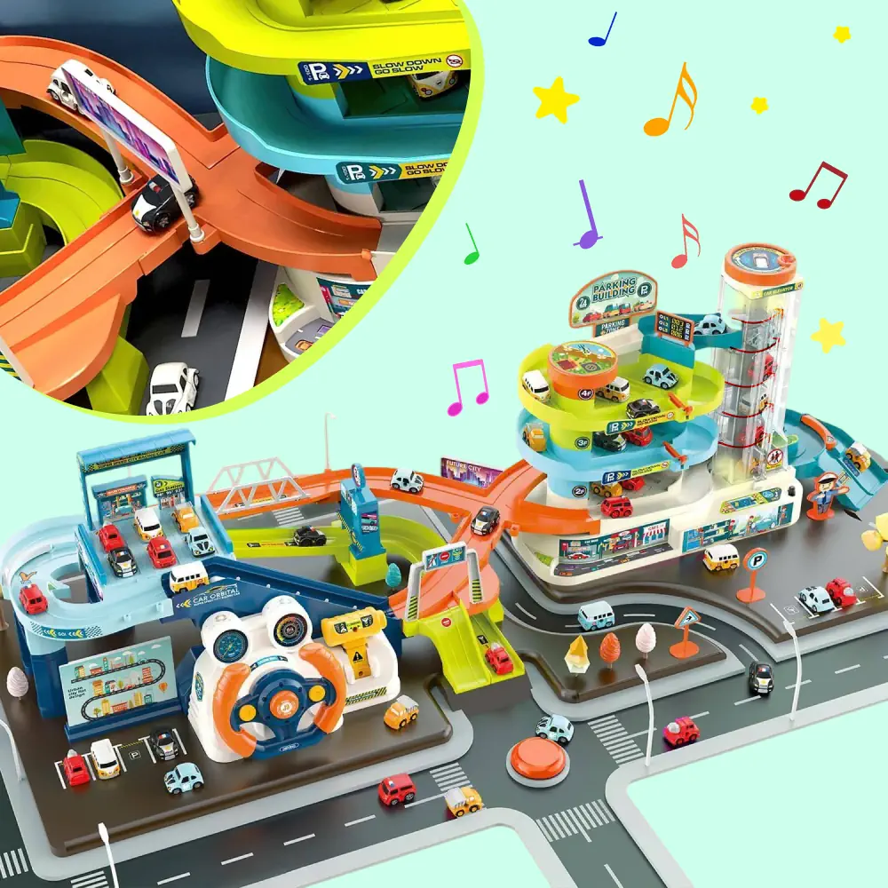 Jucarii - Set 2 in 1 Parcare Interactiva cu Lift Automat, Piste Spirale si 6 Masinute – Lumini si Sunete