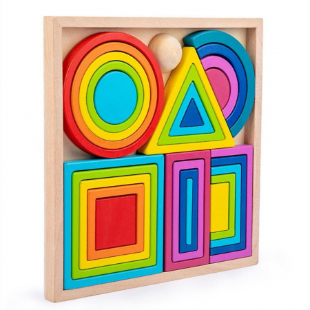 Jucarii din lemn si Montessori - Set de Blocuri din Lemn cu Forme Geometrice Curcubeu - Joc Montessori Educativ