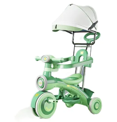 Masinute Biciclete cu si fara pedale - Tricicleta Verde Copii 2 in 1 cu Parasolar, Muzica si Lumini, Maner de Impins