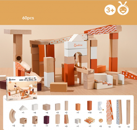 Jucarii din lemn si Montessori - Set Piste cu Bile din Lemn – 60 piese pentru constructii creative