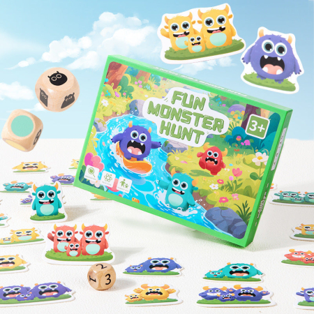 Jucarii - Joc Societate Fun Monster Hunt, 36 Carti  3 Zaruri Lemn, 3 Ani+