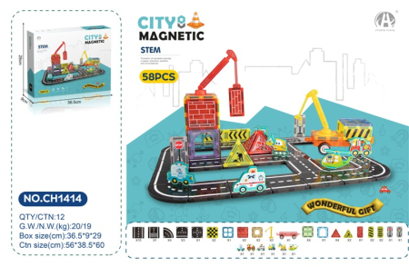 Jucarii - Set STEM City Magnetic Santier 58 Piese, Pist si Macara, 3+