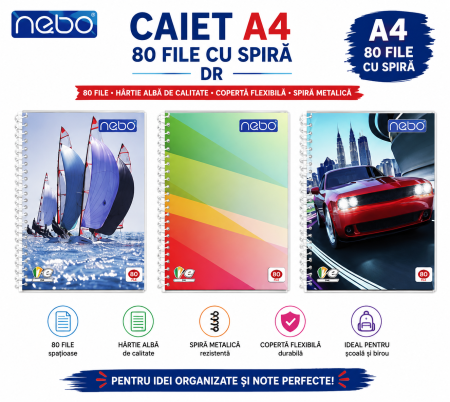 Accesorii de Scoala - Set 10 Caiete A4, 80 File, cu Spira, Design Colorat