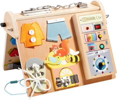 Jucarii din Lemn & Montessori - Busy Board Montessori Lemn 4in1 LED, Nasturi Sireturi Circuit