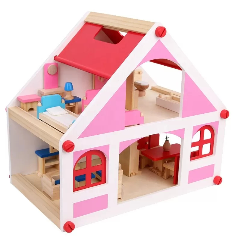 Papusi -Casute- Masute infrumusetare ( 3 ani +) - Casuța de Păpuși din Lemn cu Mobilier Roz"