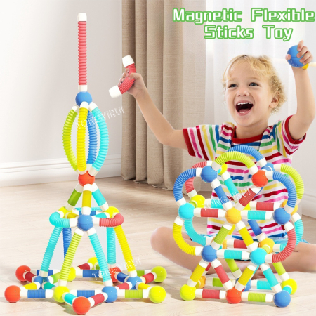 Set STEM magnetic 86 piese, bile si tuburi flexibile colorate, jucarie educativa [3]