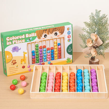 Jucarii din Lemn & Montessori - Joc Sortare Bile Colorate Lemn — Colored Balls in Place, 3 Ani+ STEM