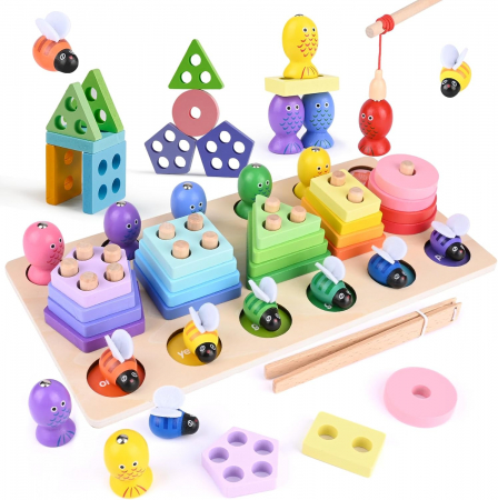 Jocuri educative (3 ani +) - Jucarie Montessori 3 in 1 din Lemn Pescuit Magnetic, Sortare Culori si Stivuire Forme