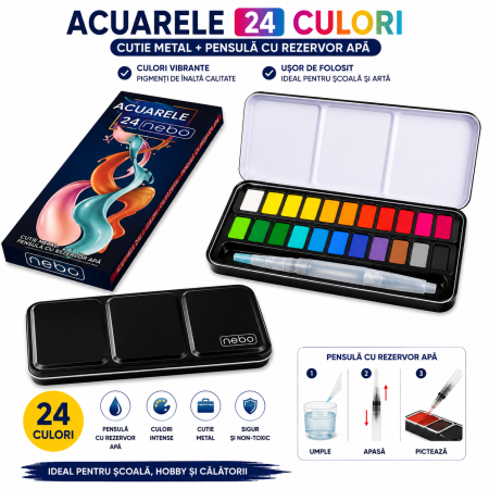 Acuarele 24 Culori, Cutie Metal, Pensula cu Rezervor, Nebo [1]