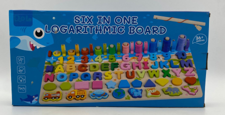 Jucarii din lemn si Montessori - Placa Logaritmica 6 in 1 din Lemn – Joc Montessori Educativ cu Litere, Numere si Pescuit Magnetic