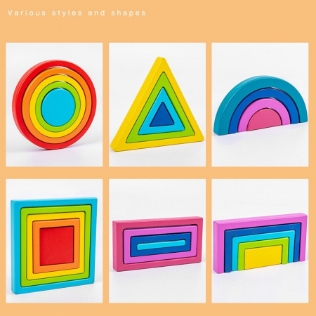 Set de Blocuri din Lemn cu Forme Geometrice Curcubeu - Joc Montessori Educativ [4]