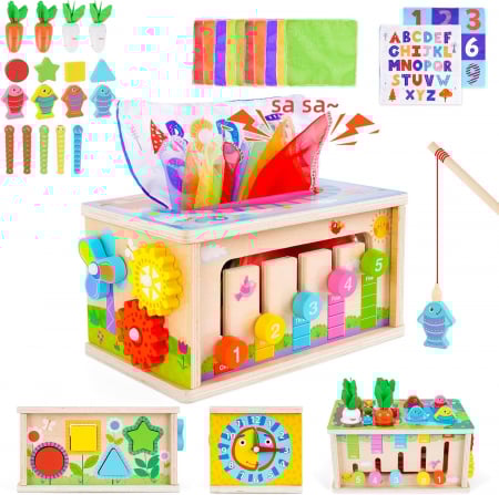 Jocuri educative (3 ani +) - Cutie de Servetele Montessori 6 in 1 - Cub de Activitati Senzoriale din Lemn pentru Copii